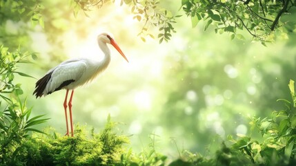 Fototapeta premium A stork's grace, amidst green's embrace.