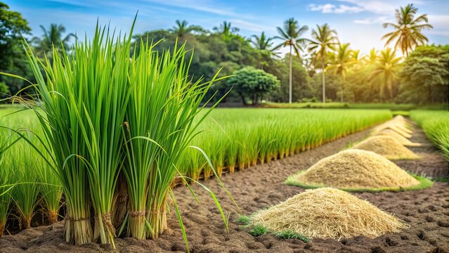 Gardening with Cynodon dactylon, rice, and lemongrass at a farm garden, Cynodon dactylon, rice, lemongrass, farm