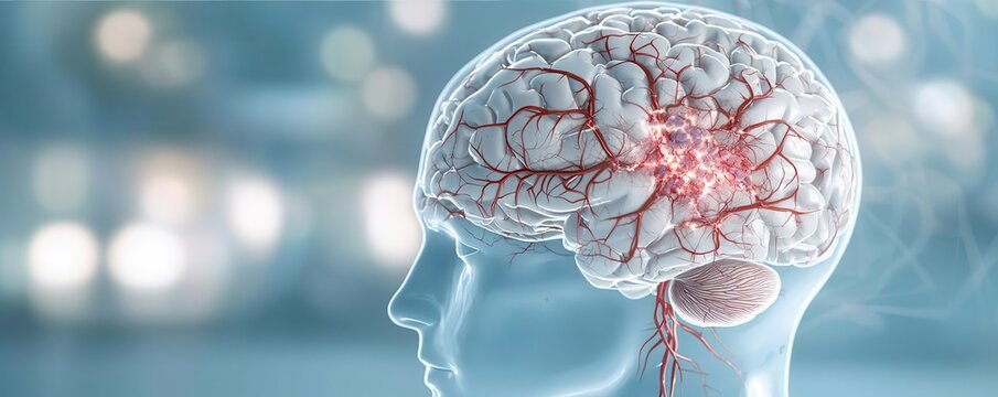 Illustration of subarachnoid hemorrhage with surrounding brain damage, hemorrhagic stroke, neuroscience
