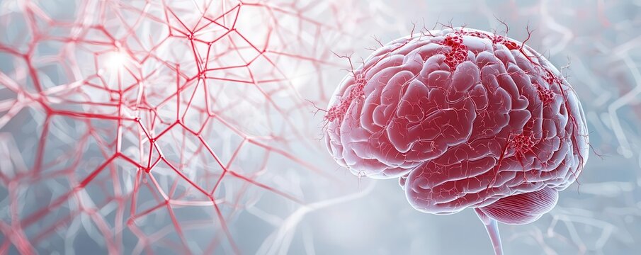 Illustration of subarachnoid hemorrhage with surrounding brain damage, hemorrhagic stroke, neuroscience