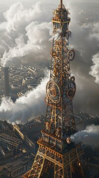 Steampunk Eiffel Tower with gears, clouds, and a cityscape.