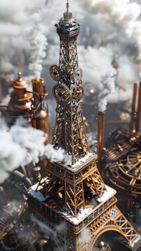 Steampunk Eiffel Tower with smoke and gears.