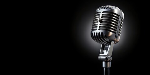 Realistic retro microphone on black background, vintage, audio, equipment, classic, music, studio, professional, recording