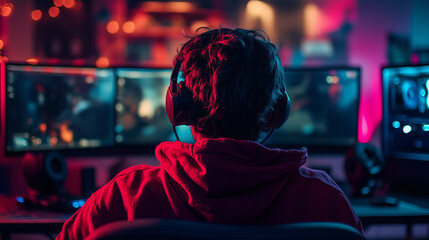 Obraz premium A person wearing headphones sits in front of a computer screen, playing a game in a dimly lit room