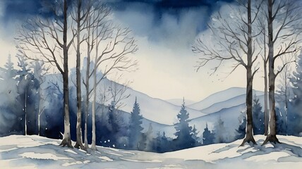 watercolor style winter forest landscape background. generative ai
