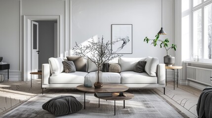 Fototapeta premium Modern Scandinavian Living Room Interior with Sofa and Branch