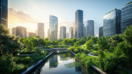 Fototapeta premium A serene park with a winding canal amidst a cityscape at sunrise