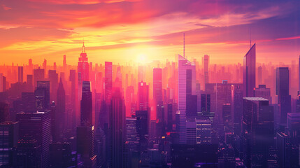 Fototapeta premium Vibrant city skyline at sunset with colorful skyscrapers and glowing lights