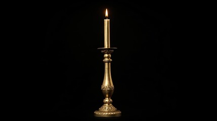 Golden Candle Holder with a Lit Candle on a Black Background