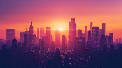 Obraz premium Vibrant city skyline at sunset with colorful skyscrapers and glowing lights