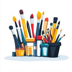 Obraz premium 240805 236. A simple vector icon illustration depicting the group of art supplies at center for a website isolated white background with paintbrush as primary element