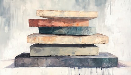 Abstract painting of stacked rectangular blocks in mixed colors, creating a modern minimalist artwork. Ideal for contemporary decor.