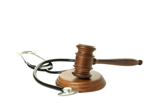 PNG, gavel of justice and stethoscope, isolated on white background.