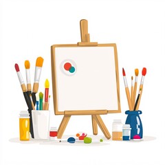 240805 239. A simple vector icon illustration depicting the group of painting essentials at center for a website isolated white background with fine detail brushes and canvas