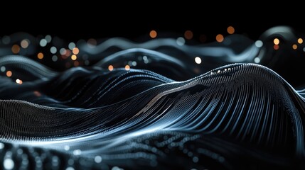 Data set analysis and visualization showcasing abstract business analytics featuring waves of information with large data streams illuminated lines and circular patterns on a dark background