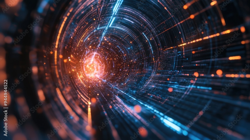 Poster 3d rendering of a futuristic technology backdrop featuring dynamic lines and hovering particles