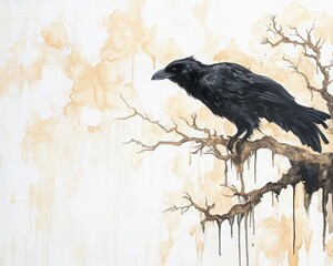 Fototapeta premium Artistic painting of a black raven perched on a leafless branch against a light abstract background with drips of paint.