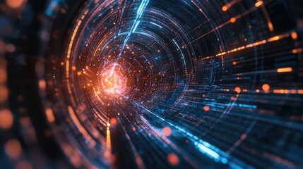 Obraz premium 3D rendering of a futuristic technology backdrop featuring dynamic lines and hovering particles