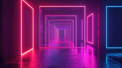 3D rendering of an abstract geometric background featuring glowing square neon frames in a dark setting ideal for performance stage design or modern wallpaper