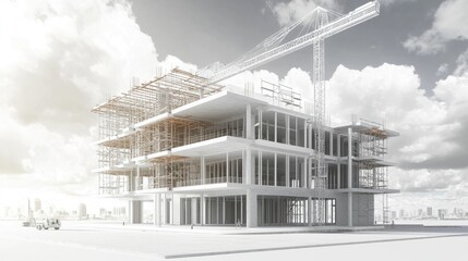 3D rendering of an architectural building model under construction
