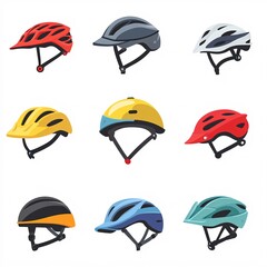 240805 247. A simple vector icon illustration depicting the group of bicycle helmet designs at center for a website isolated white background with various safety equipment icons