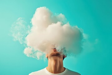 Conceptual image of a person with head in the clouds, representing daydreaming or a whimsical mindset against a teal background.