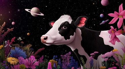 A black and white cow set amidst a surreal, colorful floral field under a starry galaxy with planets, blending nature and fantasy elements.