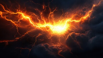 Dramatic fiery lightning storm amidst dark clouds, showcasing nature's raw power and energy in a spectacular display.