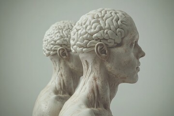 Obraz premium Rear view of heads with brains exposed pondering on existential questions and the vastness of human thought