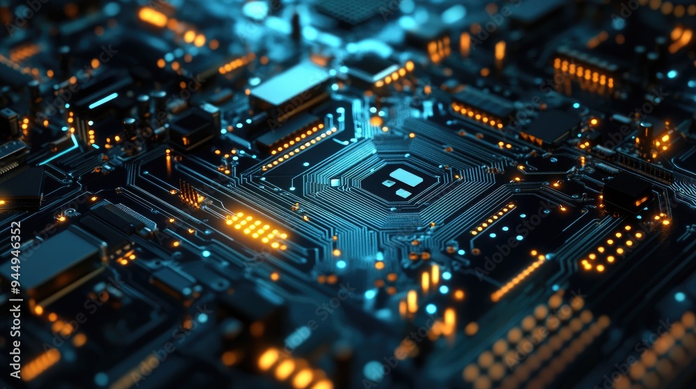Poster abstract circuit board background with network technology elements 3d rendering showcasing a concept
