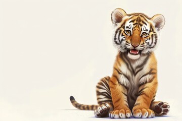 Obraz premium A baby Northeast Tiger in a cartoon and Chinese ink painting style sits happily on the ground, with a raised posture and a broad smile.