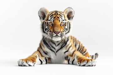 Obraz premium A baby Northeast Tiger in a cartoon and Chinese ink painting style sits on a white background, smiling with its paws raised.
