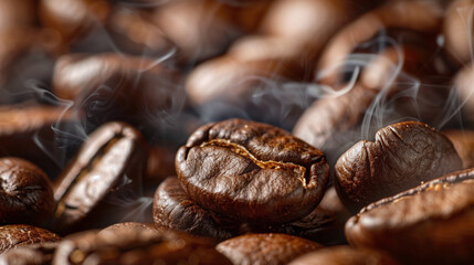 Fototapeta premium Close-up of steaming roasted coffee beans with rich texture