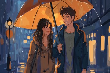 A cartoon couple in their 20s, holding hands and an umbrella, walk in the rain.