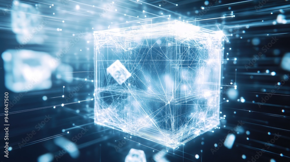 Poster abstract white sci fi cube featuring particles and lines with digital indicators representing a tech