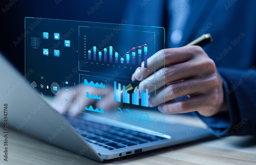 Poster analyst manages the system database and reports research on the platform's digital technology. concept of analysis data plans to show a dashboard chart on the computer, analytics business