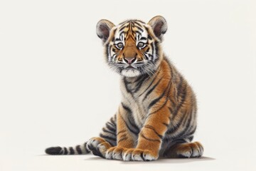 Obraz premium A cute baby Northeast Tiger, styled in cartoon and Chinese ink painting, sits on the ground with a raised posture and a joyful smile against a white background.