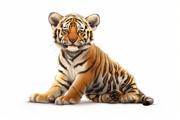 Obraz premium A cute baby Northeast Tiger, styled in cartoon and Chinese ink painting, sits on the ground with a raised posture and a joyful smile against a white background.