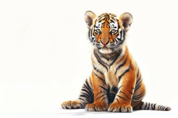 Obraz premium Northeast Tiger, designed in cartoon and Chinese ink painting style, sits happily on the ground with a raised posture and a smile.