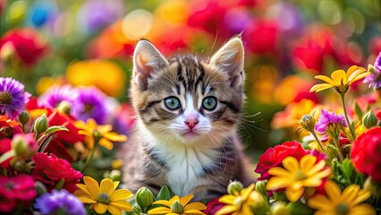 Adorable kitten surrounded by colorful flowers, kitten, flowers, cute, pet, adorable, spring, garden, bouquet, feline, small