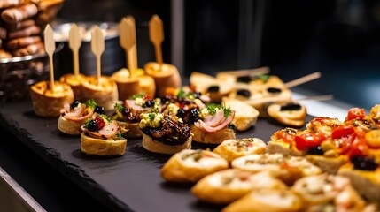 Naklejka premium Hispanic Heritage Month: A Vivid Display of Spanish Tapas on a Darkened Table Setting