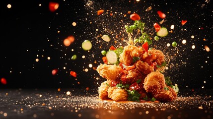 A dynamic and colorful shot of fried food, including vegetables, scattered in mid-air with vibrant sparks and seasoning against a dark backdrop.