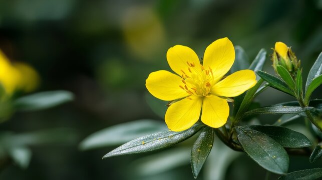 Yellow devil's thorn flower and leaves, up close.