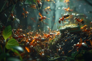 A group of ants, shown with intricate details, carries a casino chip through a forest bathed in beautiful lighting effects.