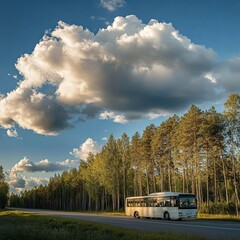 Fototapeta premium The white bus traveling on the road next to tall trees in a rural landscape under a blue sky with dramatic white clouds