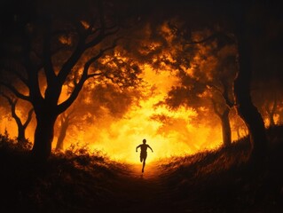 Silhouette of a person running towards a bright fiery light through a dark forest, creating a dramatic and intense atmosphere.
