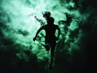 Silhouette of a person running in front of a green foggy background, creating a dynamic and mysterious scene.