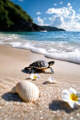Obraz premium A close-up of a tiny turtle crawling on a sandy beach near a seashell and flowers with the ocean in the background under a bright blue sky.
