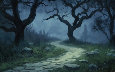 Stone path through a dark, misty forest with twisted trees, creating a mysterious and eerie atmosphere under the moonlight.