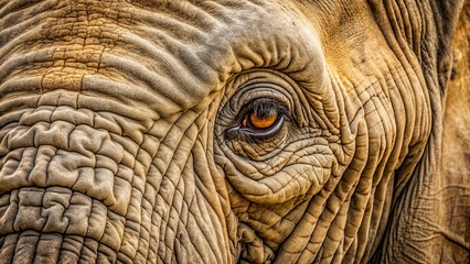 Close-up of wise elephant eye surrounded by intricate skin patterns, elephant, eye, gaze, wise, gentle, intelligent, depth